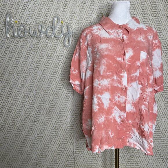 Forever 21 Pink & White Tie Dye Short Sleeve Button Up Collared Blouse Size 2XL - Picture 1 of 7